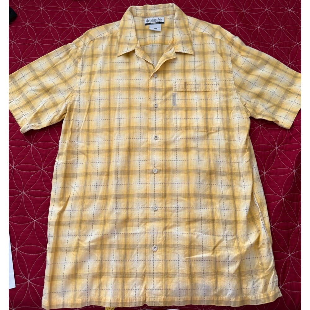 Columbia Mens Yellow Plaid Short Sleeve Button Up Shirt AM7656 Cotton Large